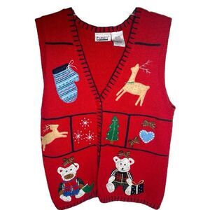 Vintage 1990s Capacity  red Christmas/ Holiday Vest with festive motif. Button